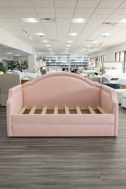 The Grace Twin Trundle Daybed - Pink Linen Fabric - White Trim