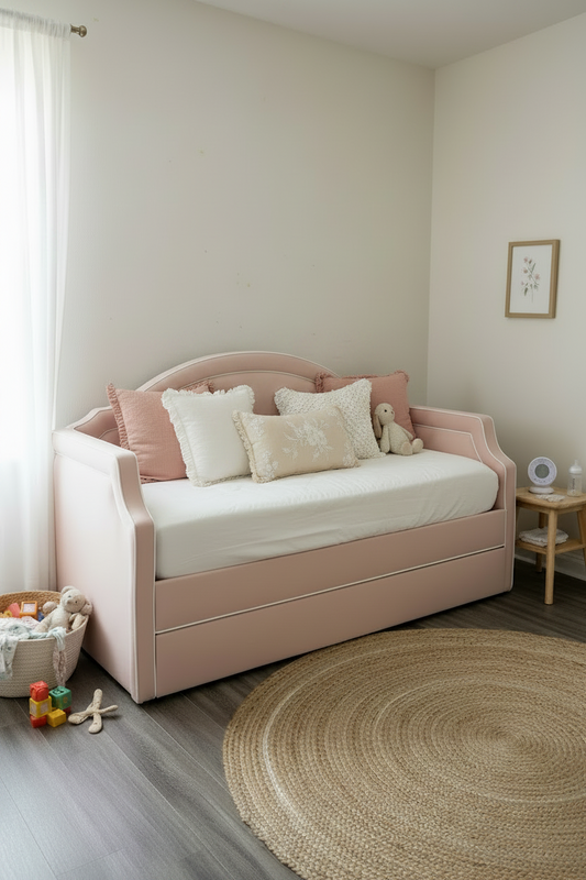 Twin Trundle Daybed - Pink Linen Fabric with White Trim