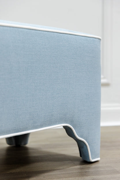 Custom Upholstered Bench in Sky Blue Woven Fabric