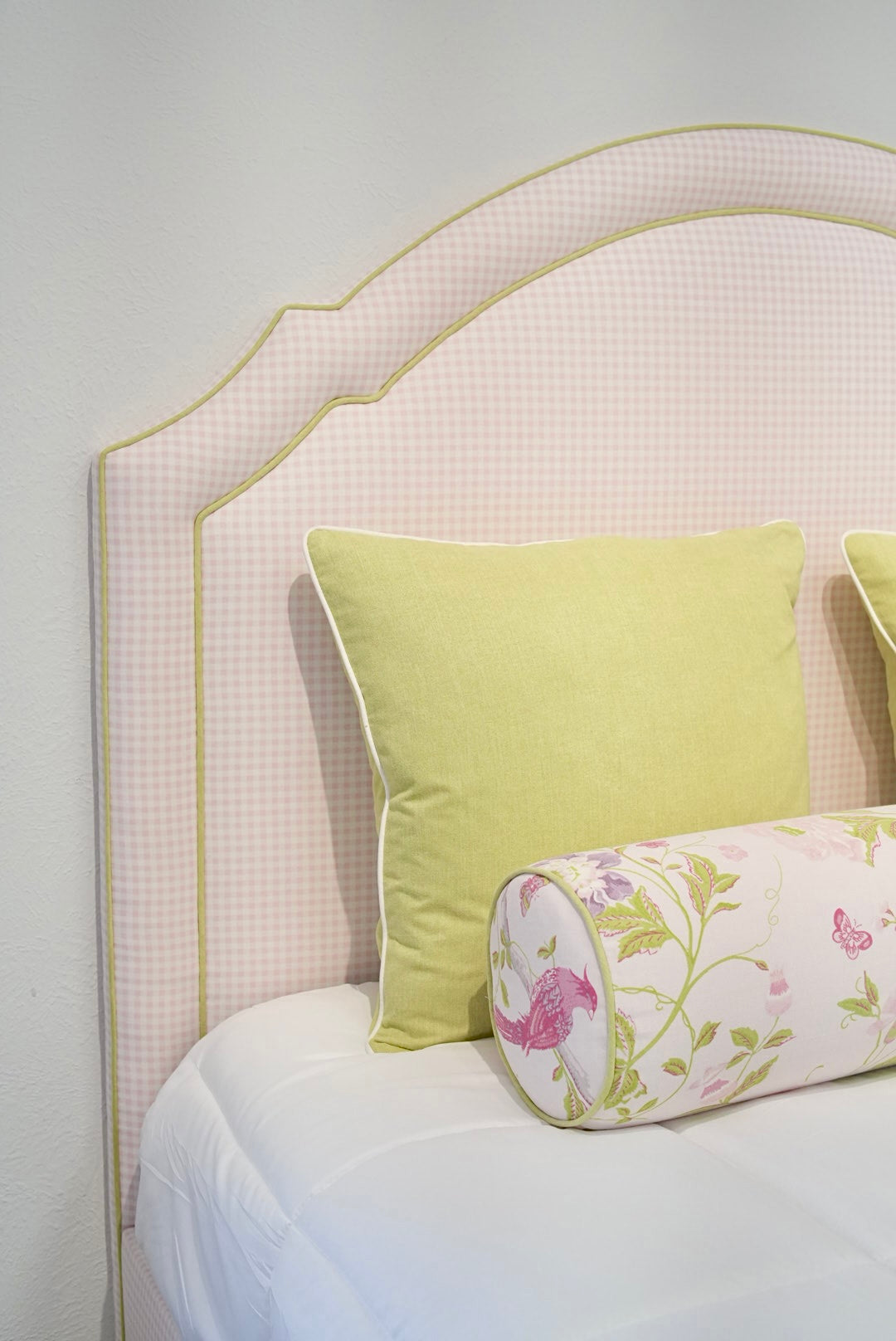 65" H Queen Upholstered Platform Bed - Brown Wooden Legs - Bella Pink Gingham Fabric with Pear Green Trim