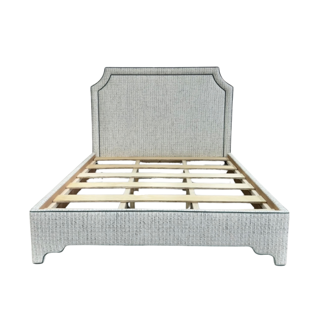 65" H King Platform Bed - Scalloped Legs - Textured Kravet Fabric- Teal Trim