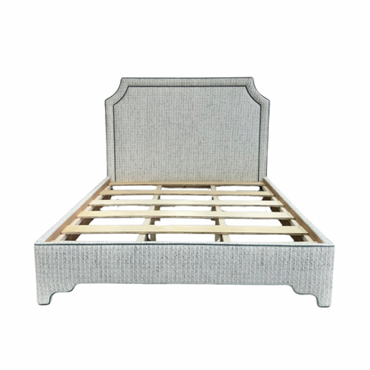 65" H King Platform Bed - Scalloped Legs - Textured Kravet Fabric- Teal Trim