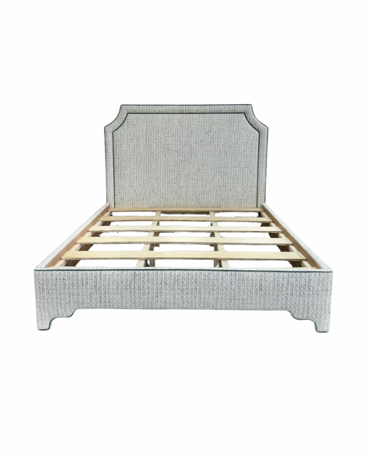 65" H King Platform Bed - Scalloped Legs - Textured Kravet Fabric- Teal Trim