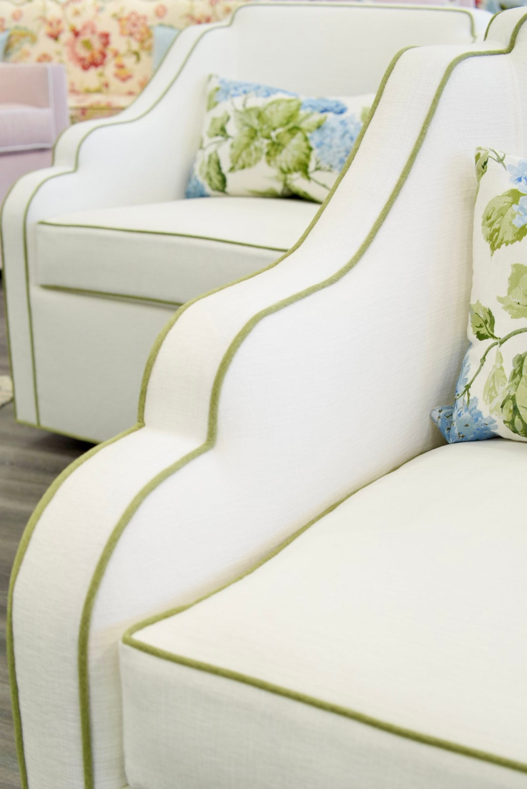 Custom Scalloped Swivel Chair: White Performance Fabric - Pistachio Green Trim