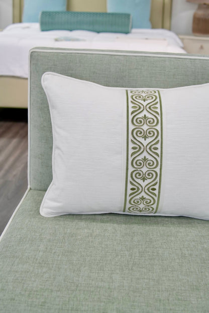 Custom Upholstered Skirted Banquette – Performance Green Chenille Fabric, White Piping