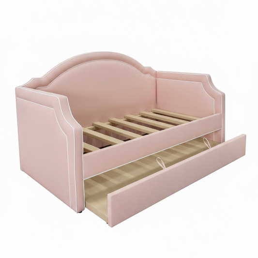 Twin Trundle Daybed - Pink Linen Fabric with White Trim