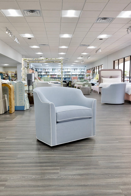Custom Swivel Chair: Performance Light Blue Crypton Fabric - White Trim