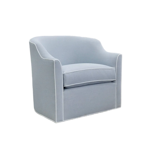 Custom Swivel Chair: Performance Light Blue Crypton Fabric - White Trim