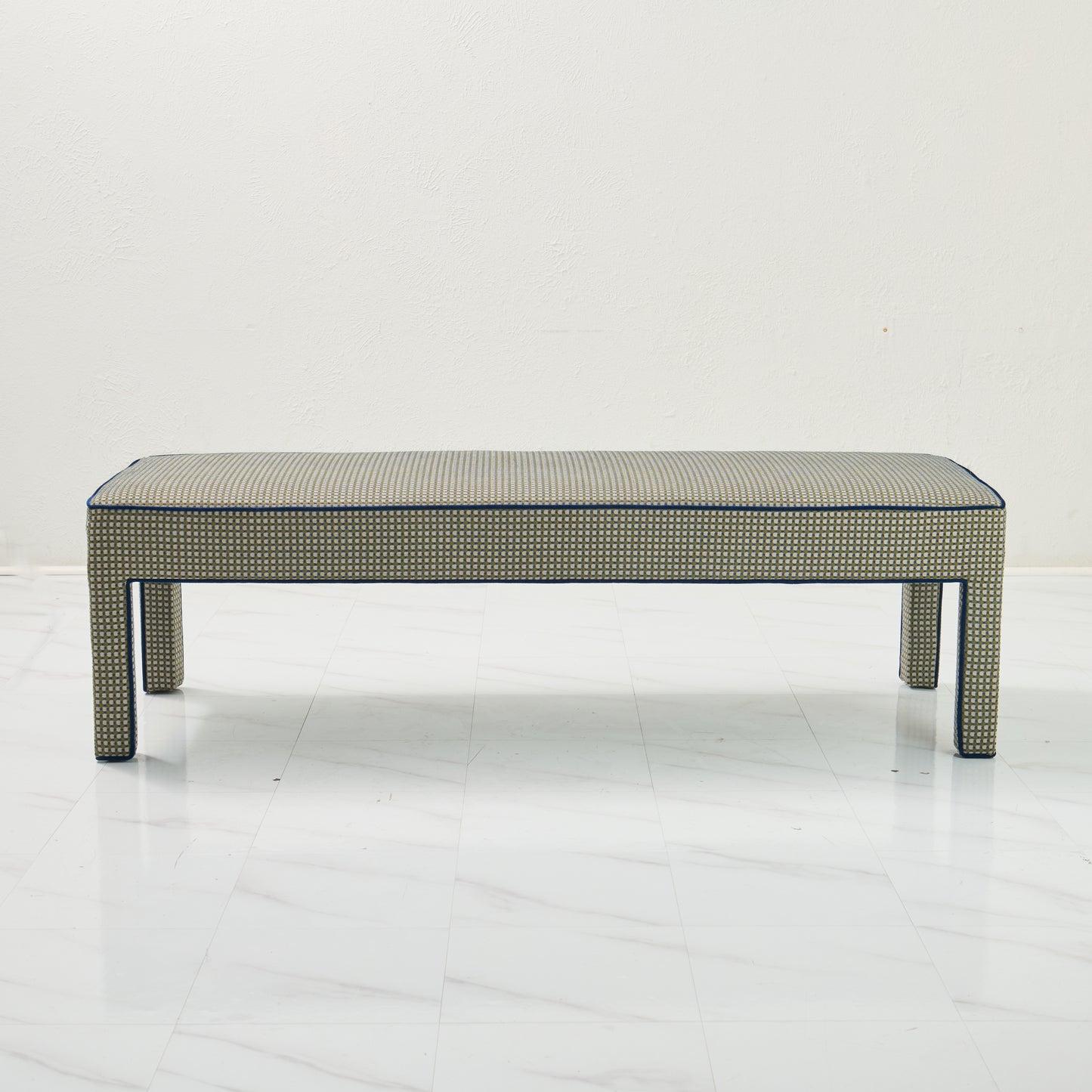 Custom Upholstered Bench in Thibaut Fabric - Navy Trim