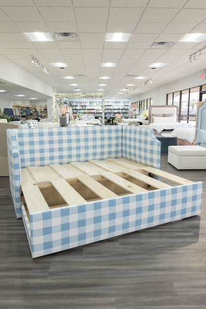 The Addison Twin to King Trundle Daybed - Buffalo Blue Fabric - Sky Blue Trim