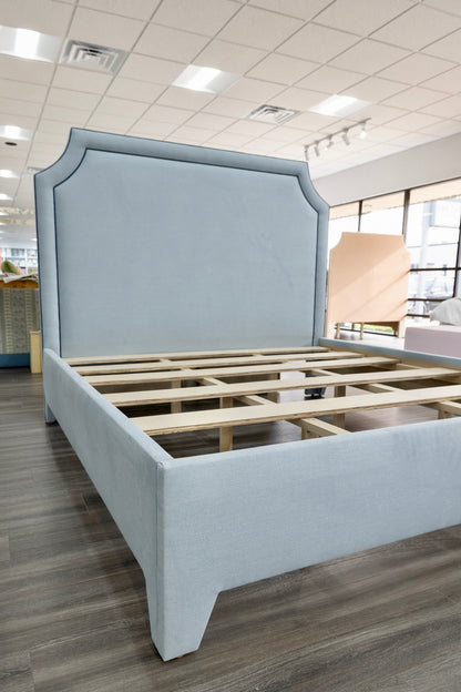The Addison King Bed - Upholstered Legs - Sky Blue Woven Fabric with Navy Trim