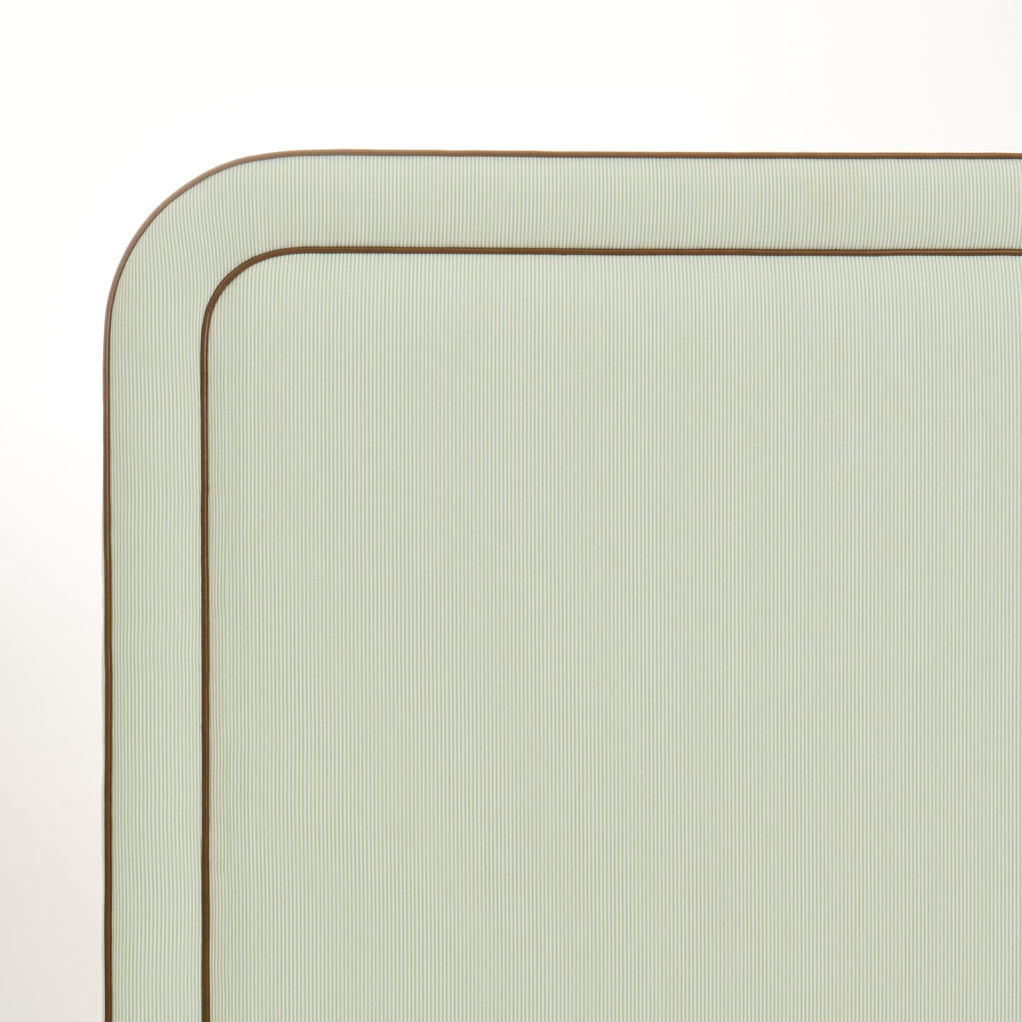 The Lorraine Queen Platform Bed - Striped Green & White Fabric - Leather Trim