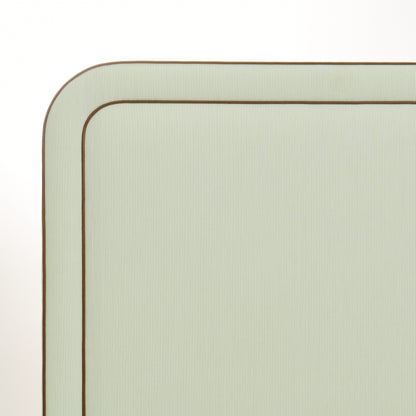 The Lorraine Queen Platform Bed - Striped Green & White Fabric - Leather Trim