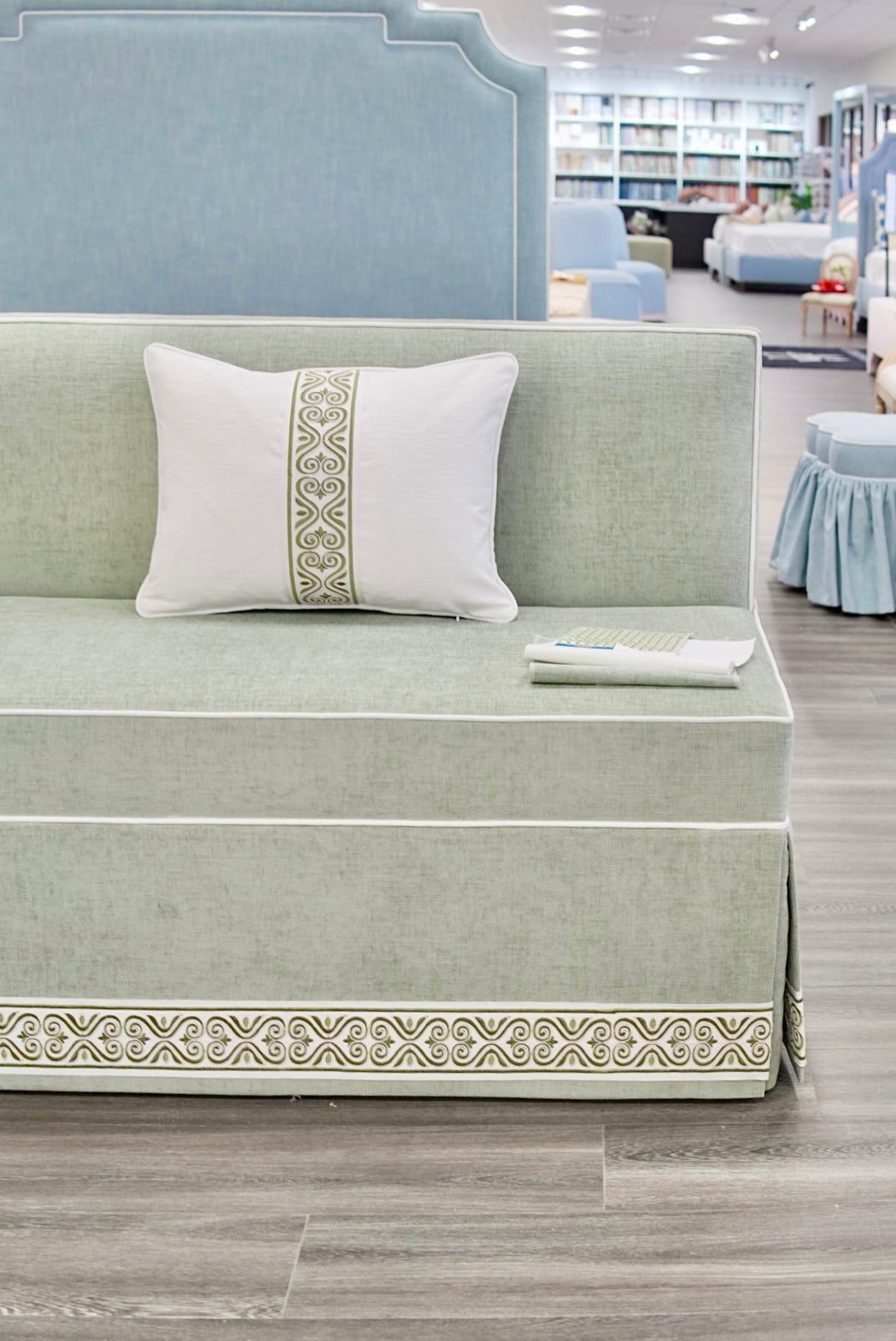 Custom Upholstered Skirted Banquette – Performance Green Chenille Fabric, White Piping