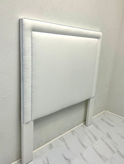 60" H Full Headboard in White Linen - Blue Gingham Trim