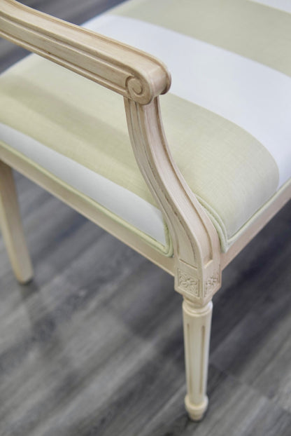 Italian Carved Upholstered Bench in Sage & Ivory Wide Stripe
