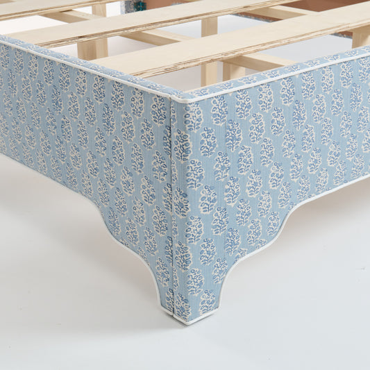 65”H Queen Platform Upholstered Bed - Perry Blue Polyester Fabric with White Trim