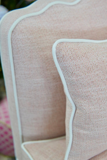 Custom Scalloped Upholstered Chair – Pink with White Piping