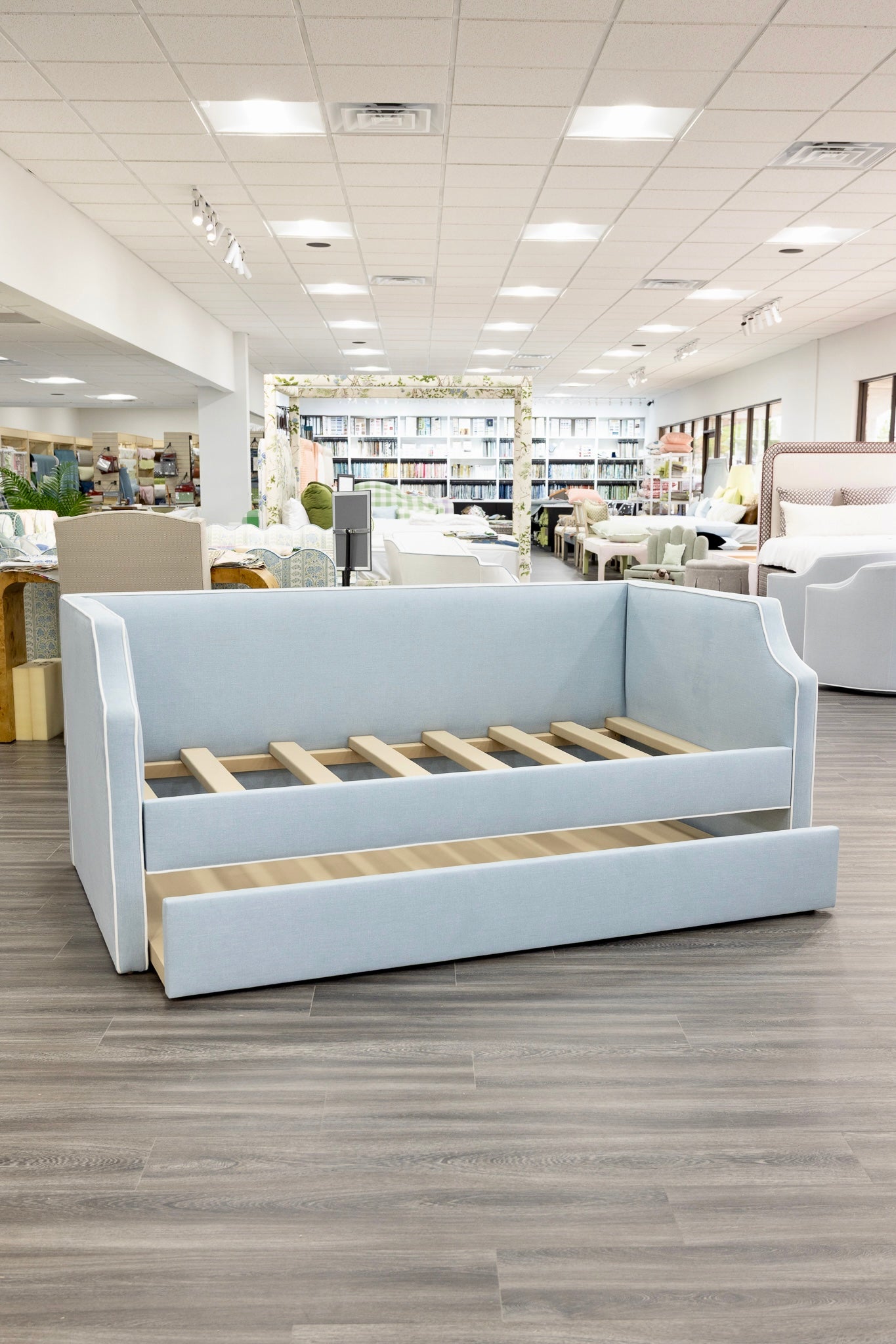 The Addison Twin Trundle Daybed - Sky Blue Woven Fabric - White Trim