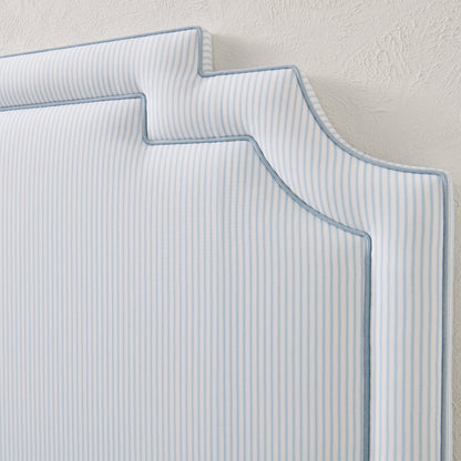 The Martha King Headboard - Classic Blue Stripe Fabric - Sky Blue Trim