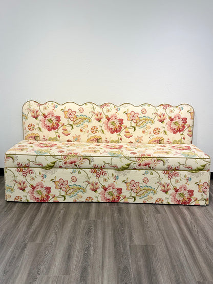 76"L Custom Scalloped Banquette in Ophelia Blossom - Modern Upholstered Dining Banquette with Pleated Skirt