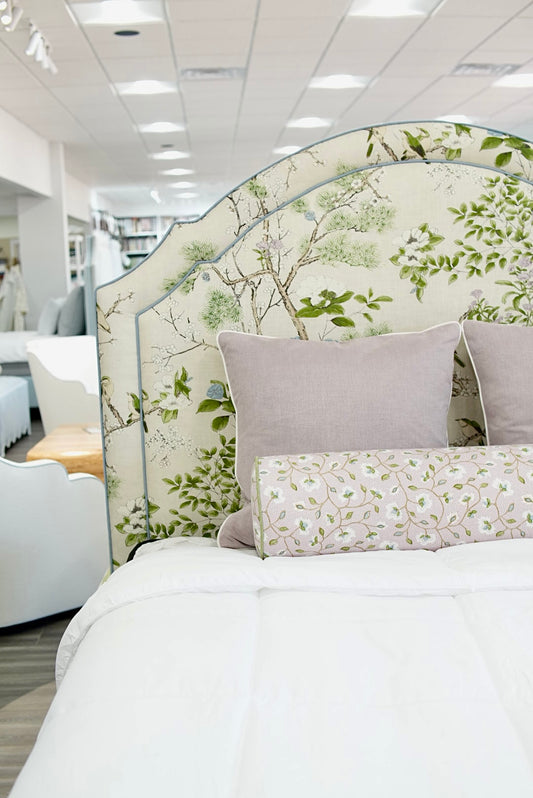 65" H Queen Upholstered Platform Bed - Thibaut Fabric – Cream & Lavender - Scalloped Upholstered Legs