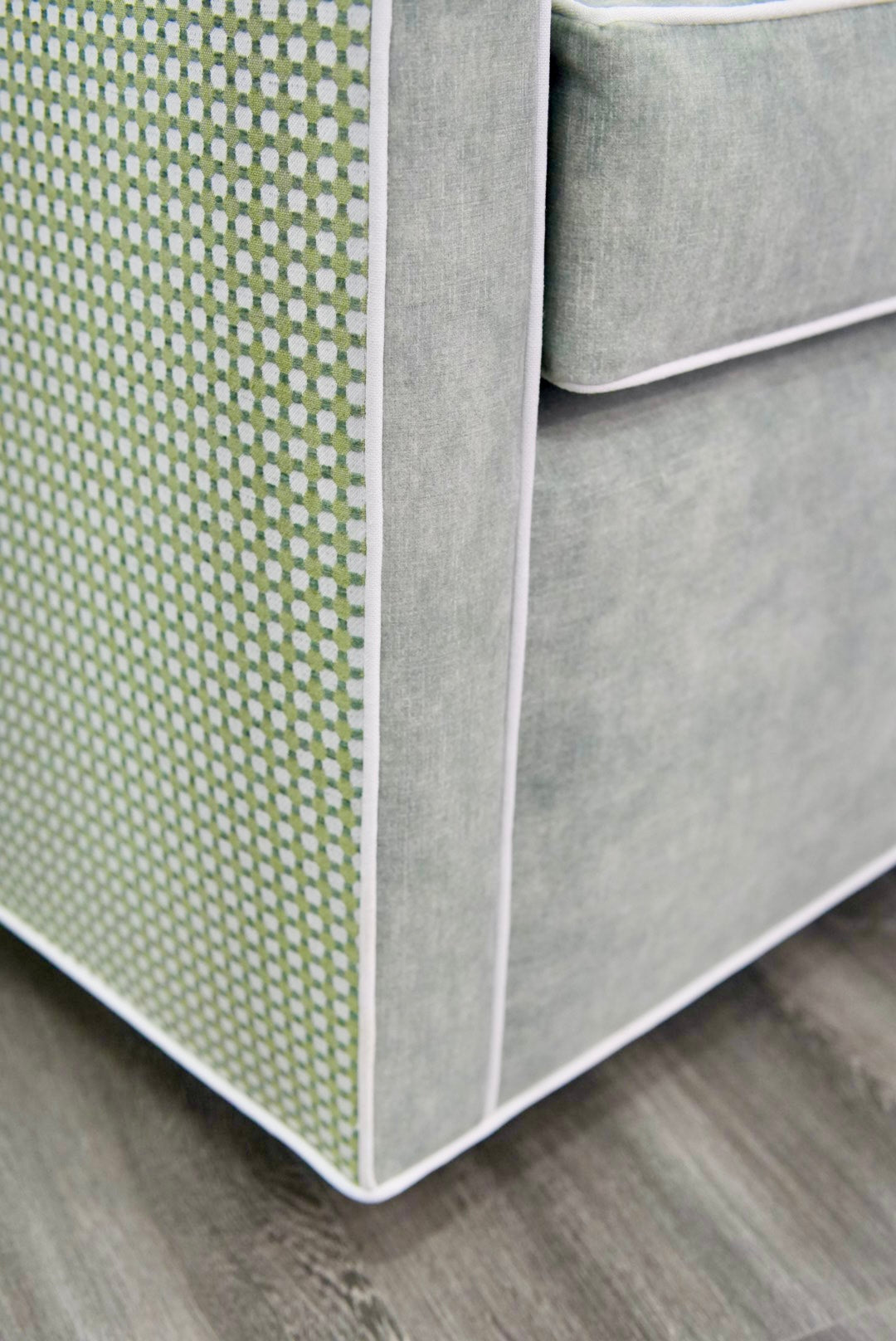 Custom Rachel Scalloped Swivel Chair: Thibaut Darcy Fabric