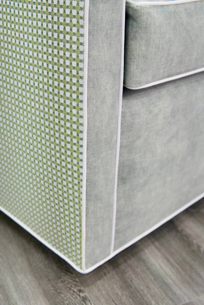 Custom Rachel Scalloped Swivel Chair: Thibaut Darcy Fabric