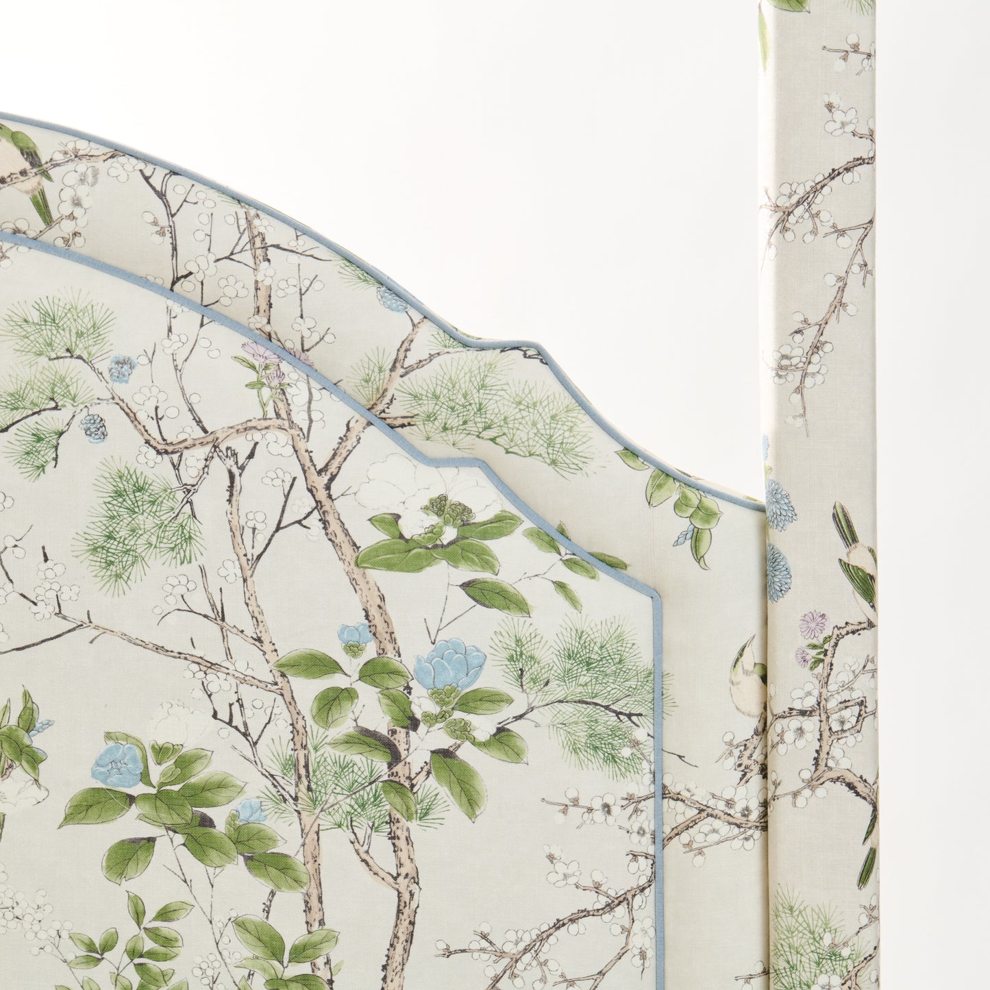 The Grace Queen Canopy Bed - Upholstered in Katsura Fabric - Blue Trim