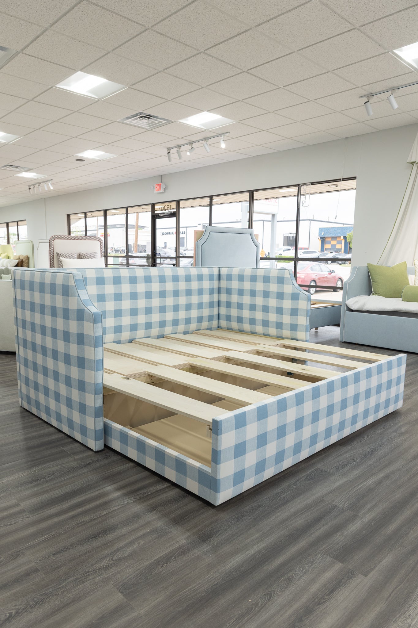 The Addison Twin to King Trundle Daybed - Buffalo Blue Fabric - Sky Blue Trim