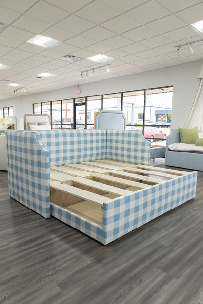 The Addison Twin to King Trundle Daybed - Buffalo Blue Fabric - Sky Blue Trim