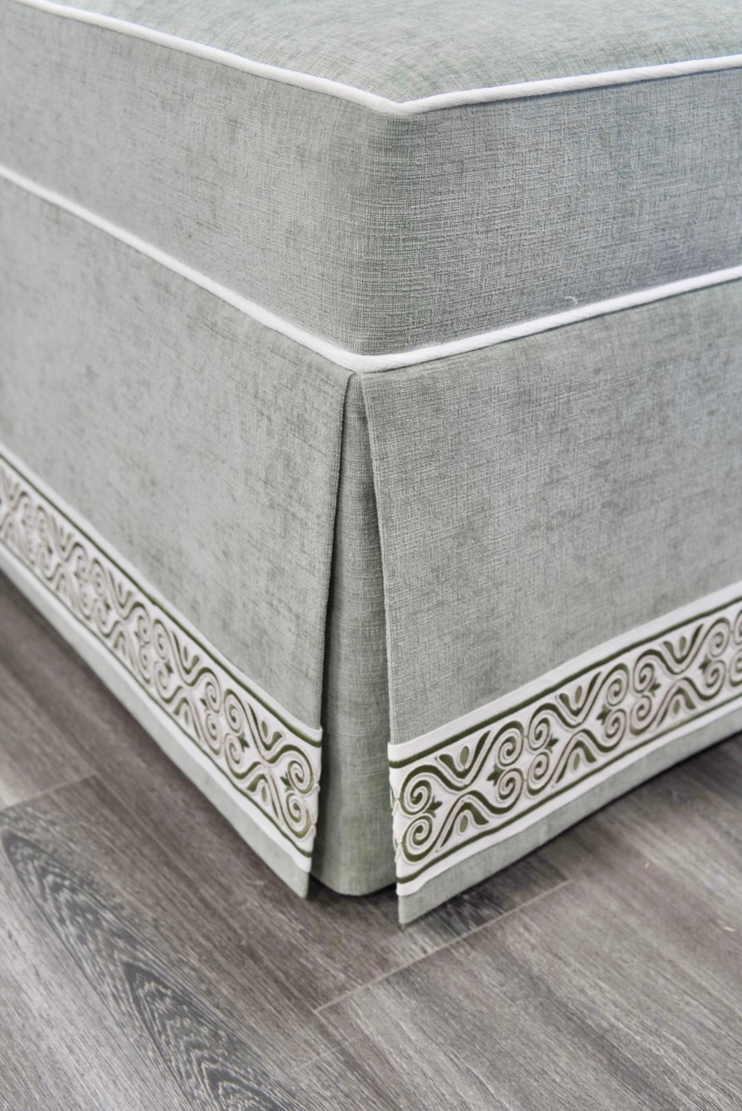 Custom Upholstered Skirted Banquette – Performance Green Chenille Fabric, White Piping