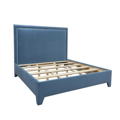 The Jacob King Bed - Upholstered Legs - Ocean Blue Performance Velvet Fabric - White Trim
