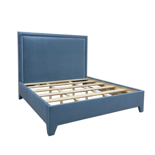 65"H King Platform Bed - Upholstered Legs - Ocean Blue Performance Velvet Fabric - White Trim