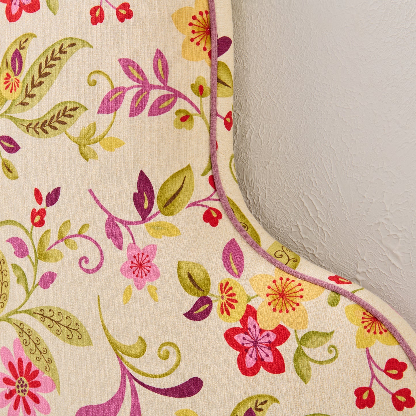 The Rachel King Headboard - Fabricut Floral Orchid Fabric - Lavender Trim