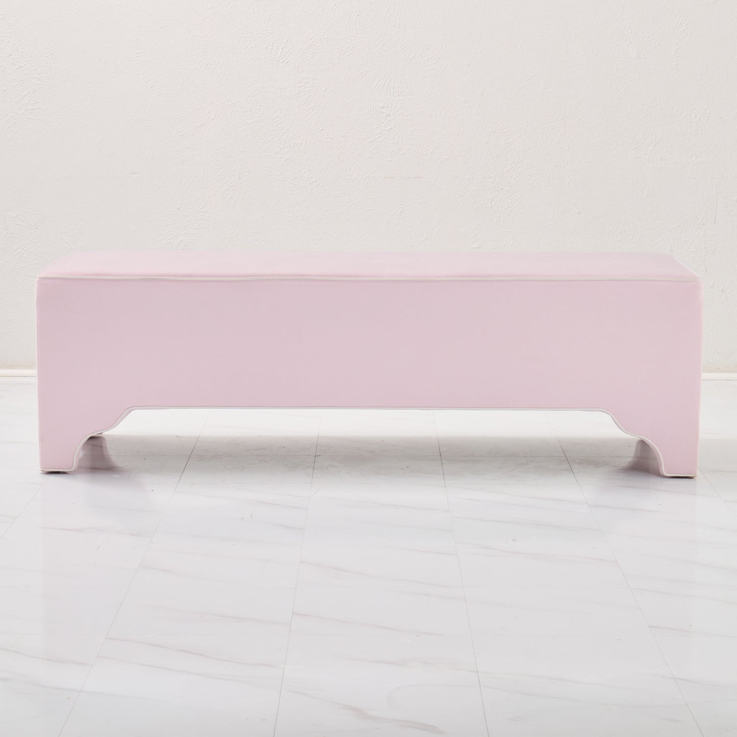 Custom Upholstered Bench in Powder Pink Woven Fabric