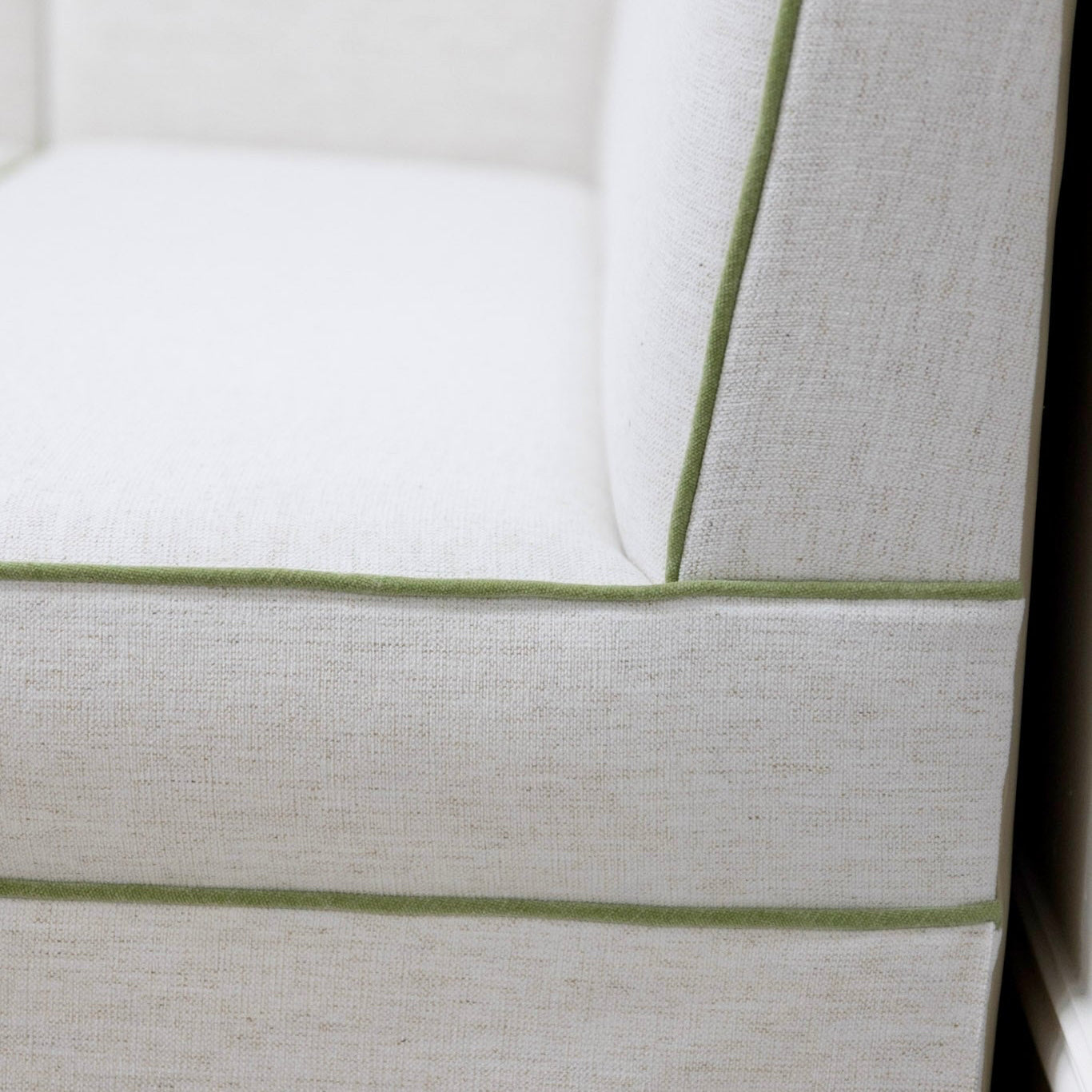 Custom Upholstered Skirted Banquette – Crypton Off-White Fabric, Pistachio Green Trim