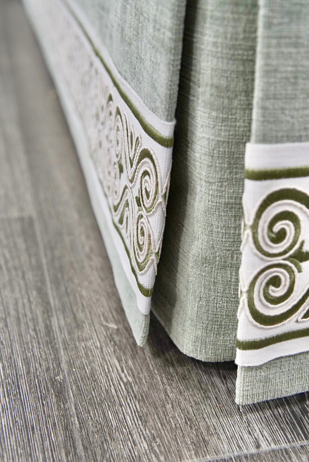 Custom Upholstered Skirted Banquette – Performance Green Chenille Fabric, White Piping