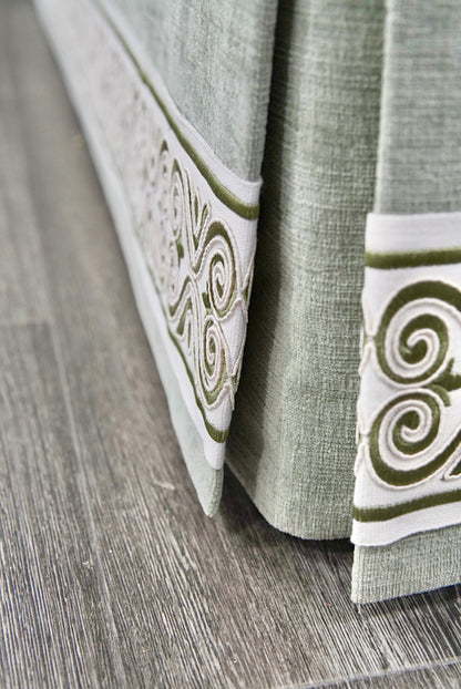 Custom Upholstered Skirted Banquette – Performance Green Chenille Fabric, White Piping