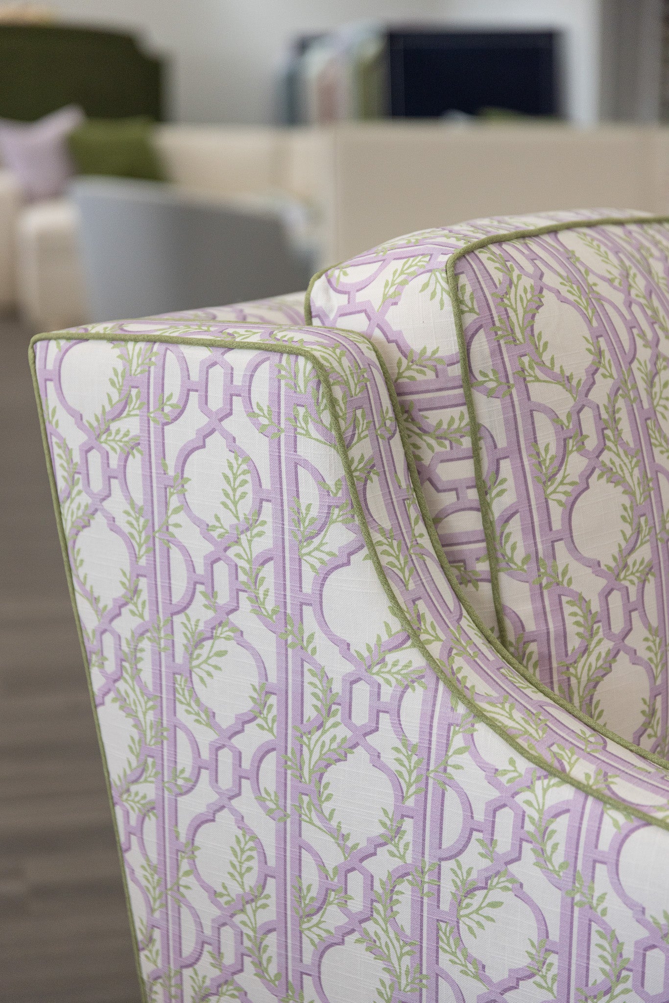 The Camille Glider Chair – Colette  Lavender Fabric - Pistachio Green Trim