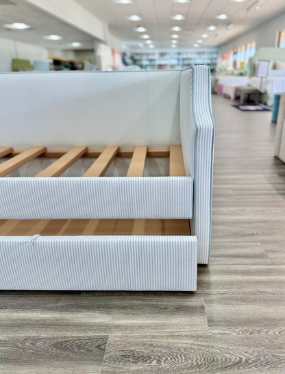 The Addison Twin Trundle Daybed - Ticking Stripe Fabric - Sky Blue Trim