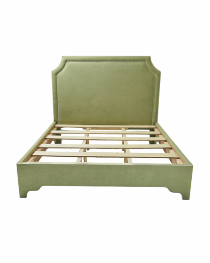 65”H King Upholstered Platform Bed - Scalloped Legs - Pistachio Green Woven Fabric with White Trim