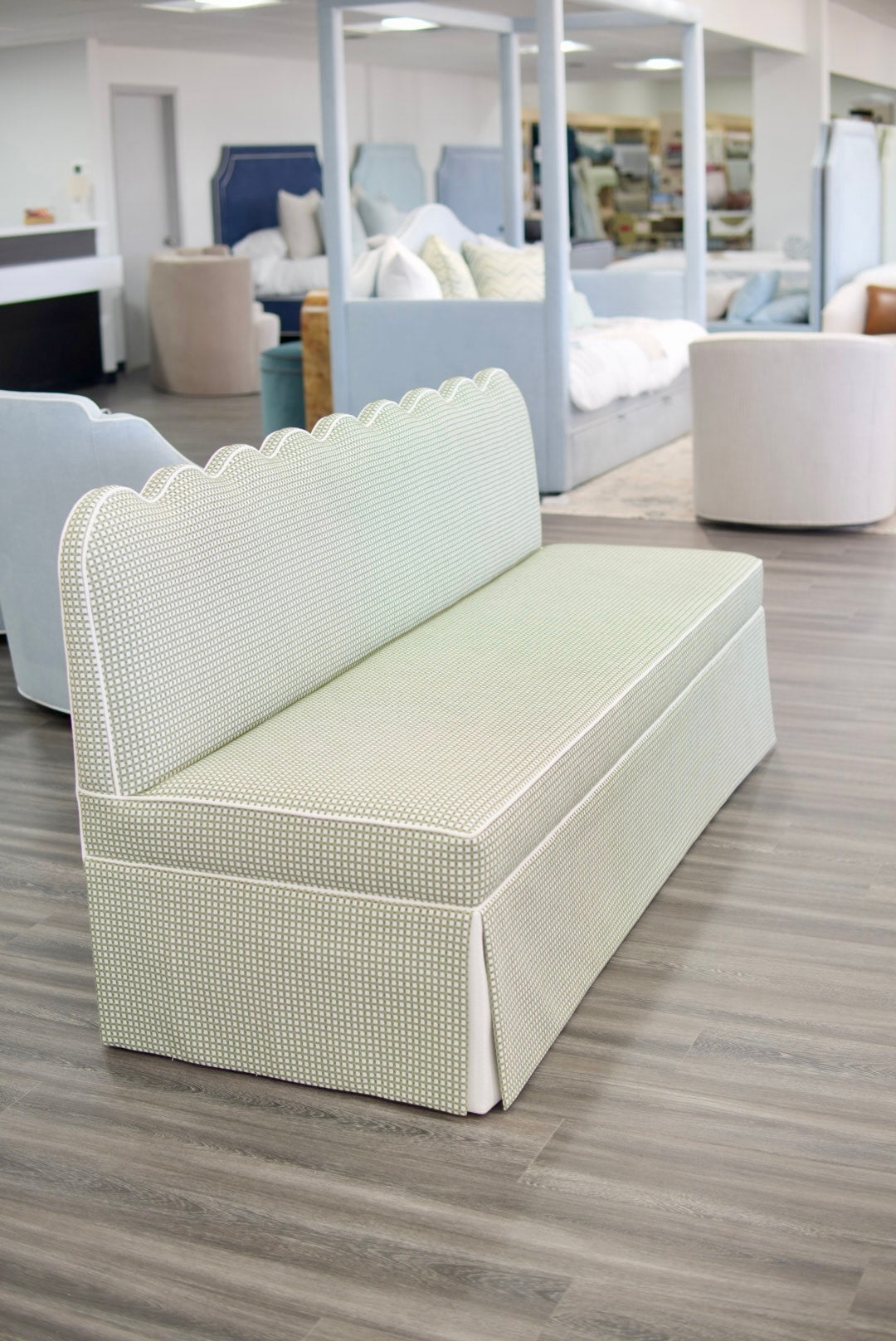 76"L Custom Scalloped Banquette in Darcy Leaf Fabric from Thibaut - Modern Upholstered Dining Banquette with Pleated Skirt