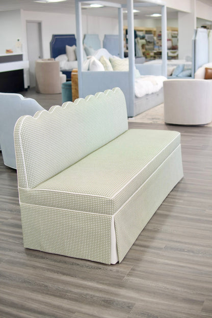 76"L Custom Scalloped Banquette in Darcy Leaf Fabric from Thibaut - Modern Upholstered Dining Banquette with Pleated Skirt