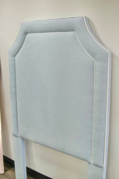 65”H Twin Headboard only - Sky Blue Woven Fabric with White Trim