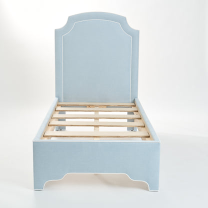 The Aliana Twin Platform Bed in Sky Blue Woven Fabric - White Trim