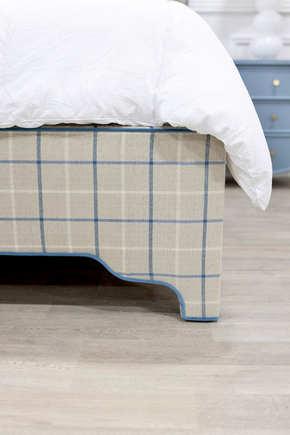 The Lorraine King Bed - Scalloped Legs - Performance Cream Plaid Fabric - Ocean Blue Trim