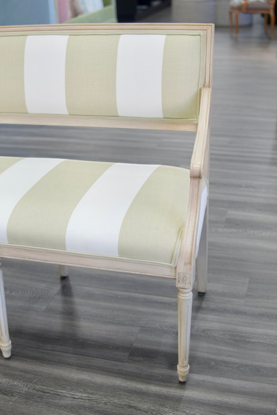 Italian Carved Upholstered Bench in Sage & Ivory Wide Stripe