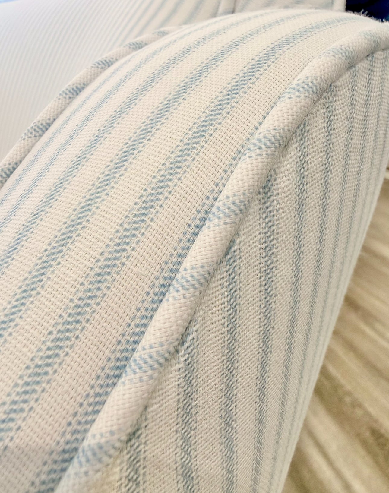 Custom Scalloped Swivel Chair: Classic Blue Stripe Fabric