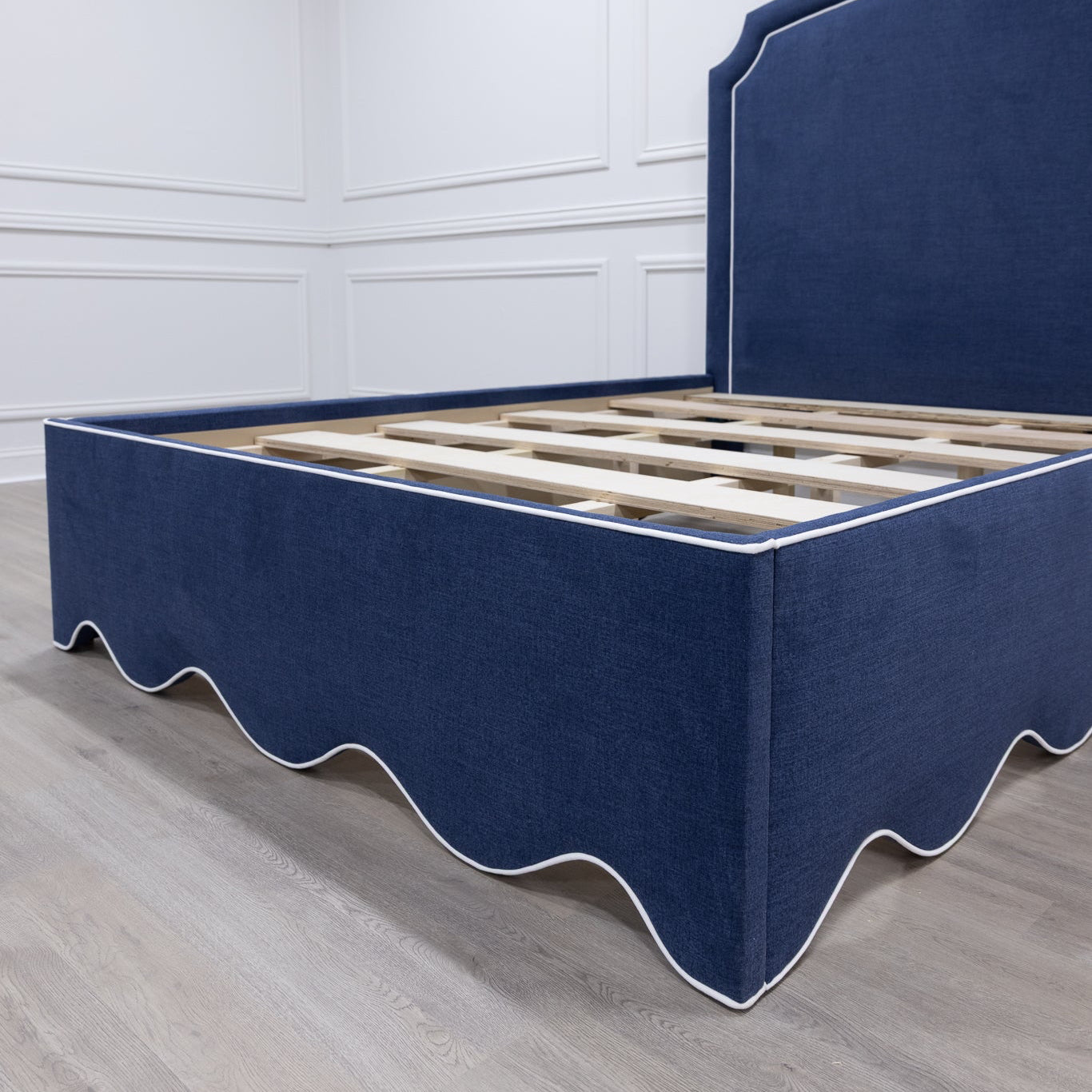 The Aliana Queen Bed - Scalloped Base - Navy Woven Fabric - White Trim